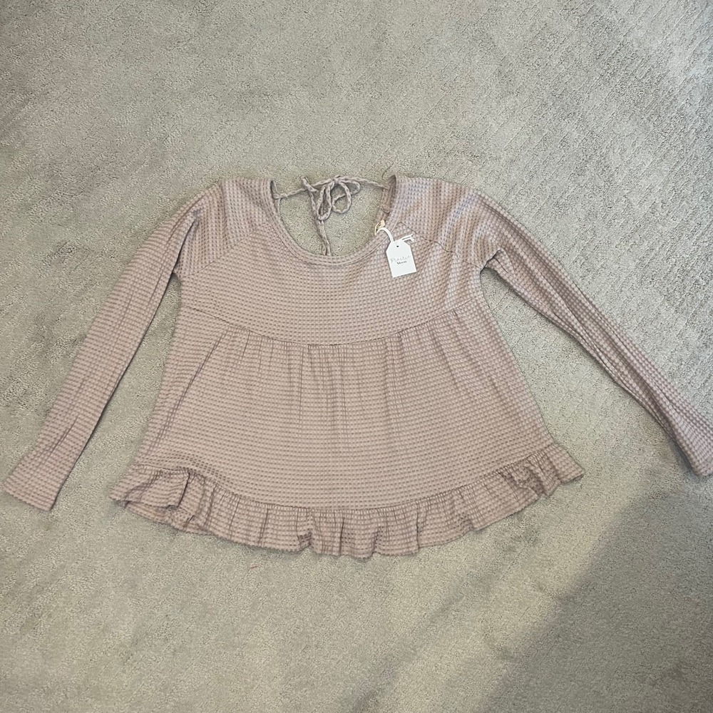 Prairie Moon Waffle Knit Top Ruffle‎ Hem Long Sleeve Tie Back Blouse L NWT